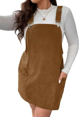 WDIRARA Women's Plus Size Corduroy Sleeveless Short Pinafore Overall Dress with Pocket