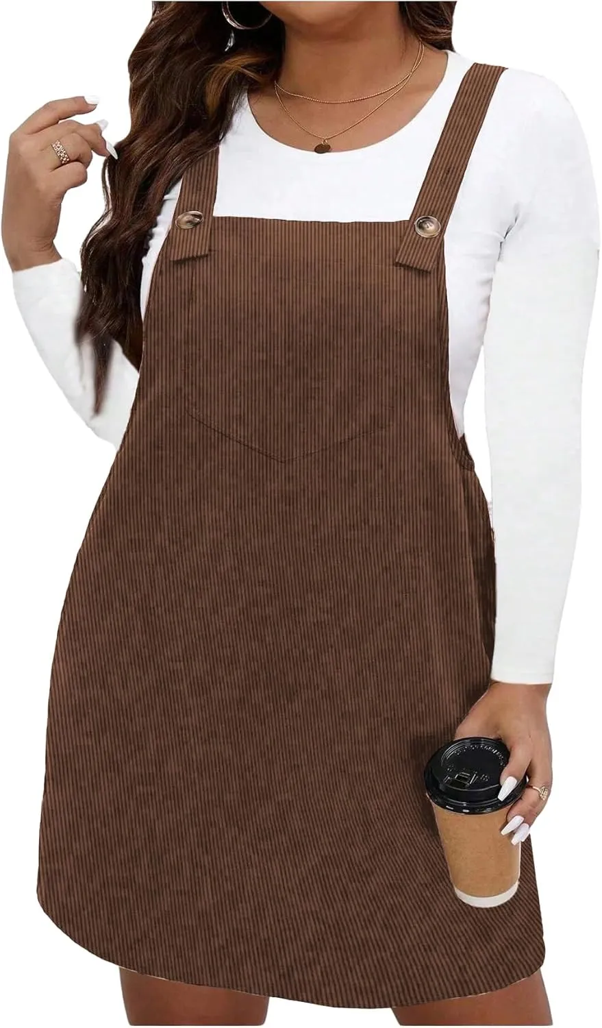 WDIRARA Women's Plus Size Corduroy Sleeveless Short Pinafore Overall Dress with Pocket