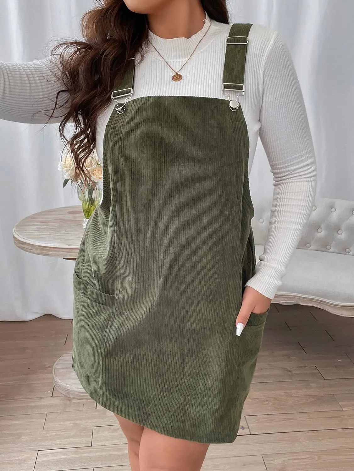 WDIRARA Women's Plus Size Corduroy Sleeveless Short Pinafore Overall Dress with Pocket