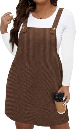 WDIRARA Women's Plus Size Corduroy Sleeveless Short Pinafore Overall Dress with Pocket