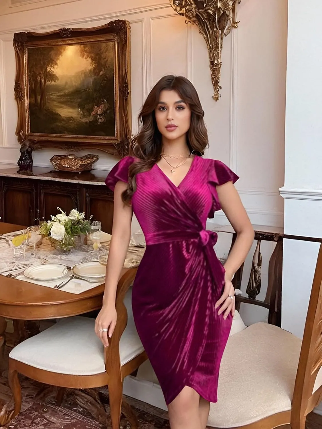 Women's 2024 Velvet Dress, Short Sleeve Winter Cocktail Dresses & Formal Velour Dress, Wedding Holiday Party Wear