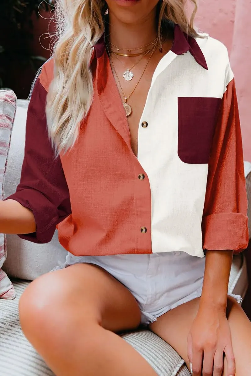 Women's Cotton Linen V Neck Button Down Shirt Long/Roll Up Sleeve Casual Collared Work Blouse Top