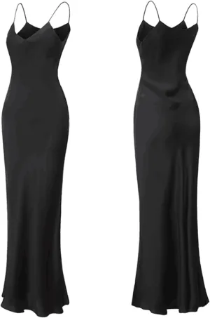Women's Real Silk V-Neck Sexy Long Slip Dress Slim Fitting Suspender Dresses