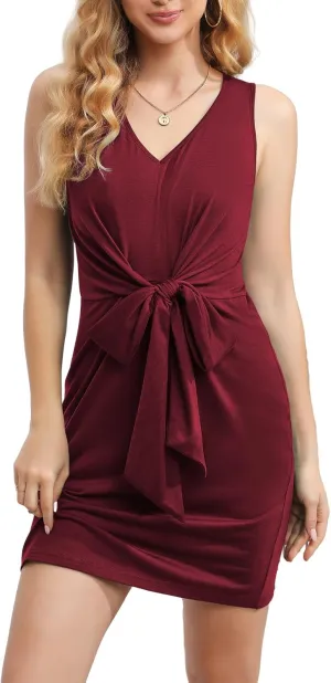 Women's Summer Sleeveless V-Neck Tank Beach T-Shirt Dress Simple Comfortable Tie Waist Casual Mini Dresses 702