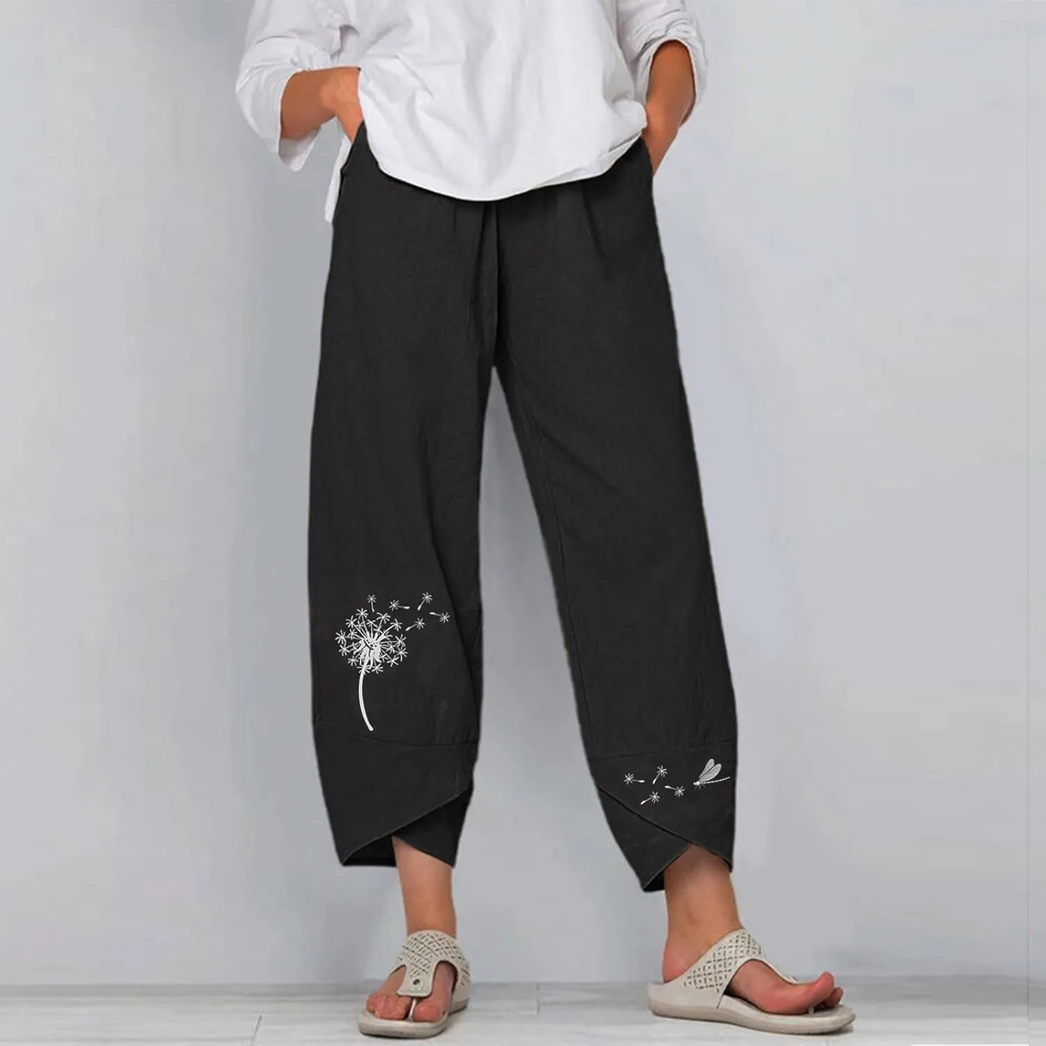 Womens Summer Wide Leg Linen Cropped Pant Dandelions Graphic Tulip Hem Trousers Lightweight Loose Fit Outfits with Pockets
