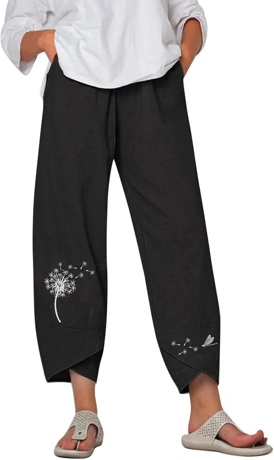 Womens Summer Wide Leg Linen Cropped Pant Dandelions Graphic Tulip Hem Trousers Lightweight Loose Fit Outfits with Pockets