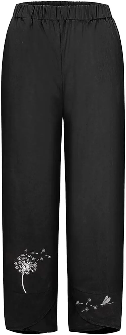 Womens Summer Wide Leg Linen Cropped Pant Dandelions Graphic Tulip Hem Trousers Lightweight Loose Fit Outfits with Pockets