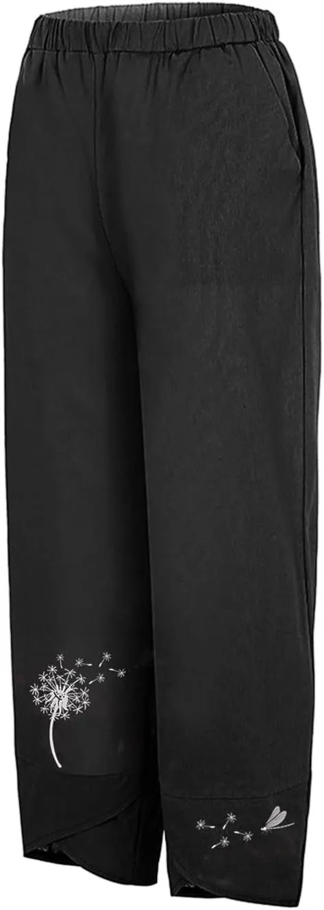 Womens Summer Wide Leg Linen Cropped Pant Dandelions Graphic Tulip Hem Trousers Lightweight Loose Fit Outfits with Pockets