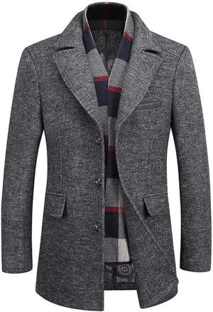 WULFUL Mens Wool Blend Winter Coat Slim Fit Short Trenchcoat Warm Business Jacket with Detachable Soft Wool Scarf