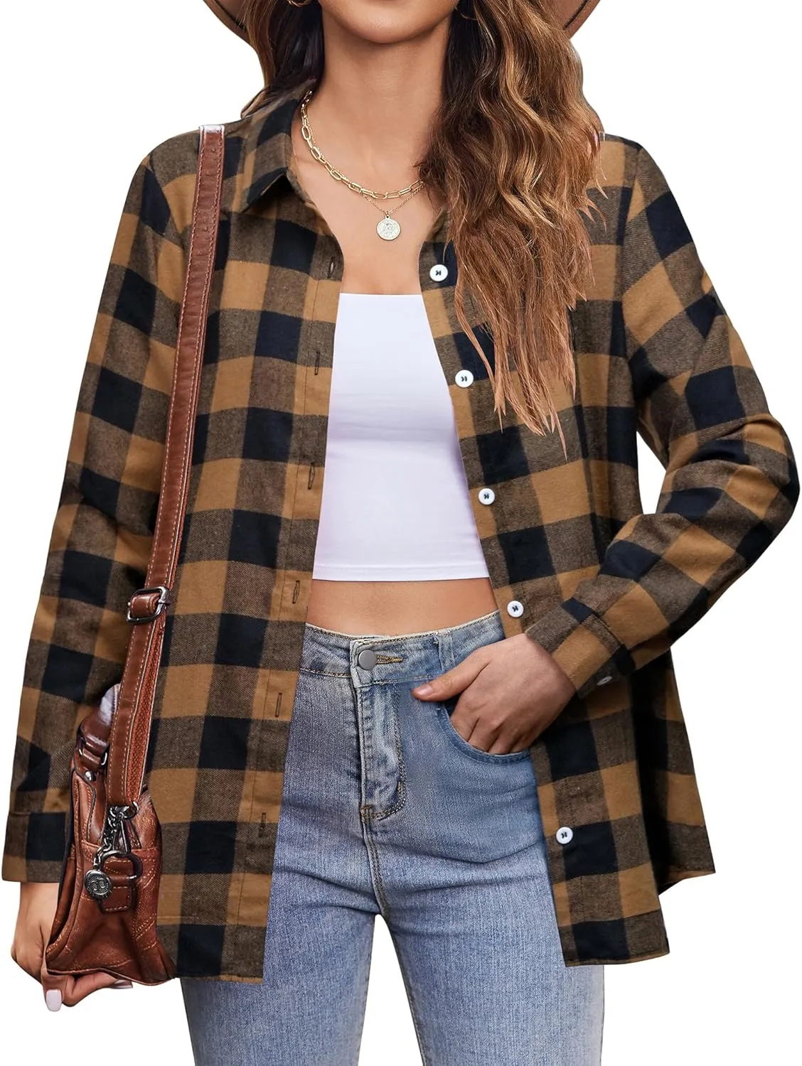 Zeagoo Flannel Shirt Women Button Down Long Sleeve Plaid Shirts Collared 2024 Casual Work Tops S-2Xl