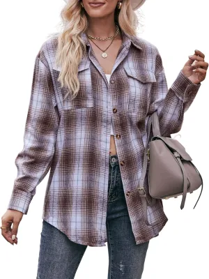 ZILIN Oversized Womens Flannel Plaid Shirts Long Sleeve Button Down Shirt Casual Work Tops