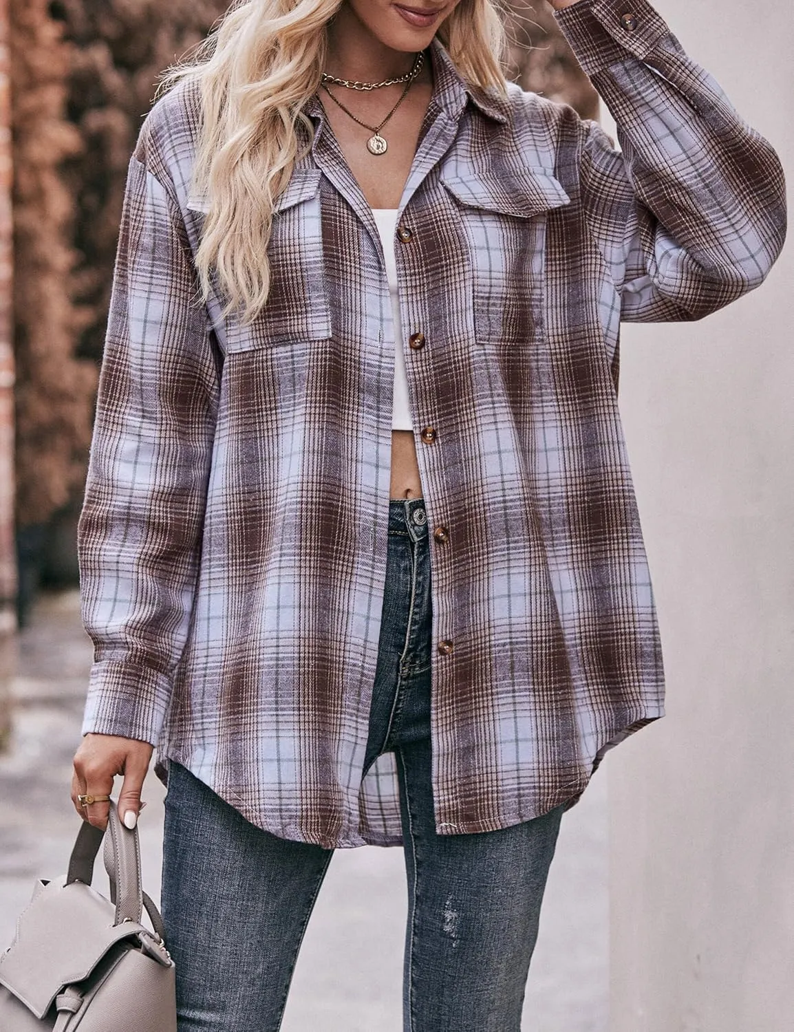 ZILIN Oversized Womens Flannel Plaid Shirts Long Sleeve Button Down Shirt Casual Work Tops