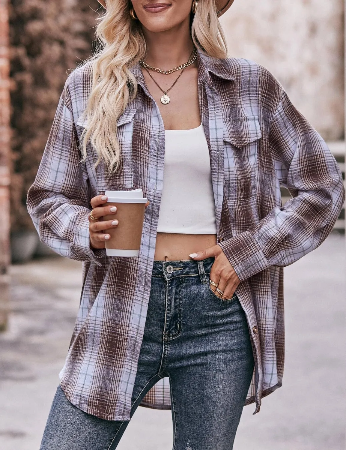 ZILIN Oversized Womens Flannel Plaid Shirts Long Sleeve Button Down Shirt Casual Work Tops