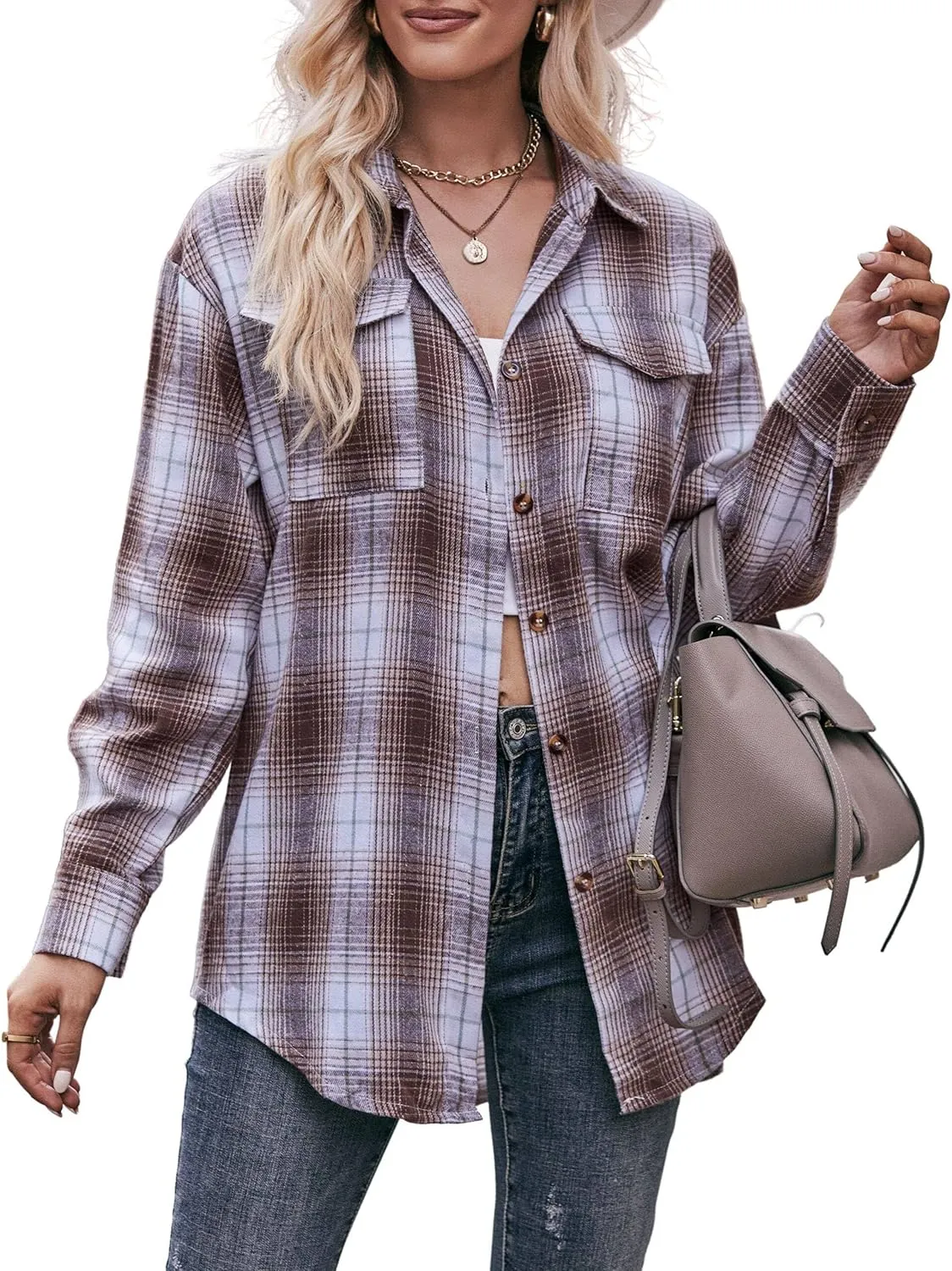 ZILIN Oversized Womens Flannel Plaid Shirts Long Sleeve Button Down Shirt Casual Work Tops