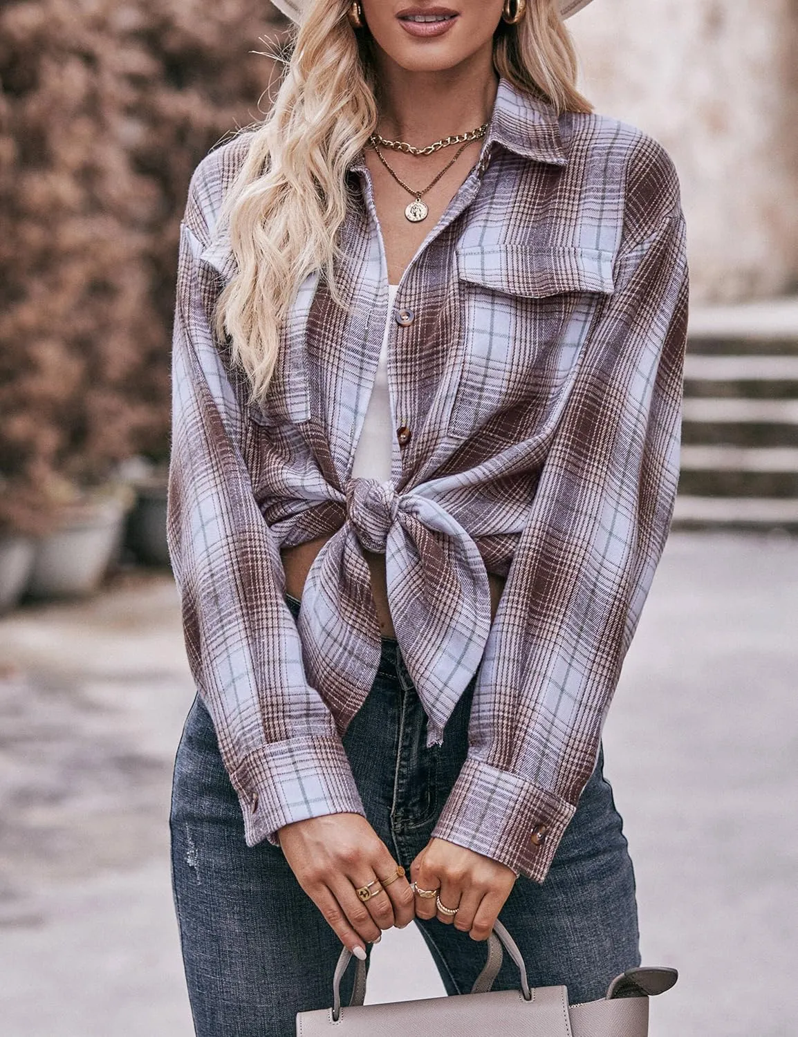 ZILIN Oversized Womens Flannel Plaid Shirts Long Sleeve Button Down Shirt Casual Work Tops